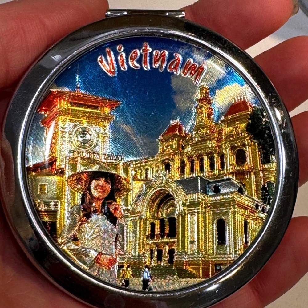 Vietnam Souvenir Compact Mirror Silver Tone‎ Folding Dual Mirror 3D Relief Art